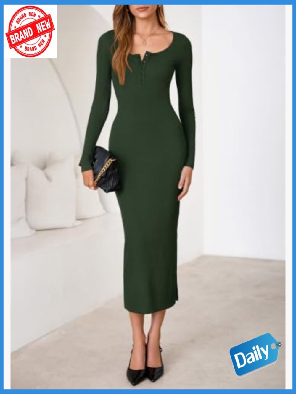 Long Sleeve Bodycon Maxi Dress Crew Neck Button Down Side Slit Knit - Picture 6 of 7